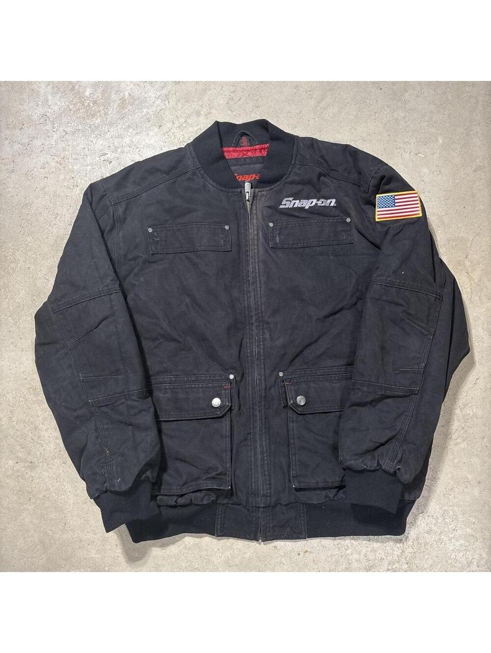 Vintage Y2K Snap-on Work Jacket Mens XL Black American Flag Mechanic